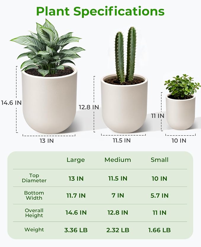 homenote Flower Pots 13/11.5/10 Inch,Large Plant Pots Indoor with Drainage,Plastic Pots for Plants,Garden Pots for Outdoor,Large Planters for Indoor Plants,Big Plastic Planter,White(3 Pcs)
