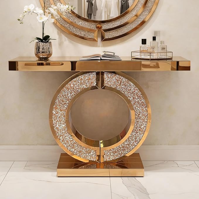 SSLine Mirror Console Table for Living Room 43" Modern Mirrored Entryway Table with Crystal O-Shape Base Luxury Brown Glass Foyer Tables for Entryway Hallway