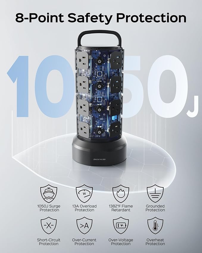 Power Strip Tower Surge Protector - JACKYLED 16 AC Outlets(13A) 6 USB Ports Electric Charging Station, 1050J Surge Electric Tower, 1625W Outlet Extender, 6.5ft Heavy Duty Extension Cord for Home