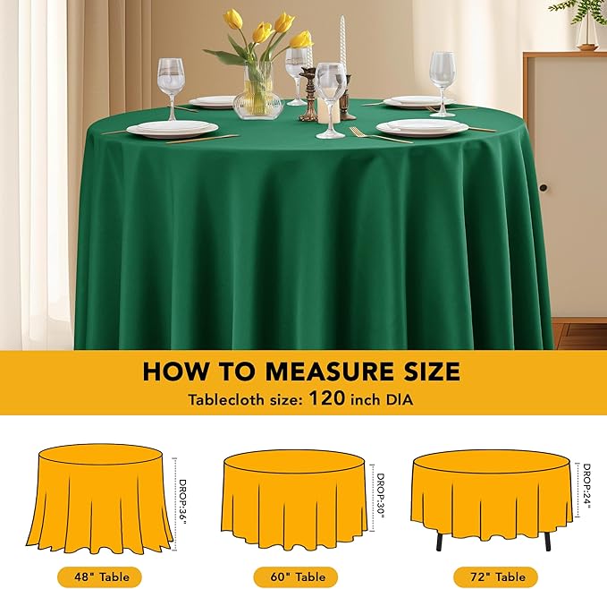 6-Pack Hunter Green Round Tablecloths, 120 Inches, Stain-Resistant Polyester for 5-6 Ft Round Tables - Washable Table Covers for Weddings, Banquets, Birthday Parties, Events
