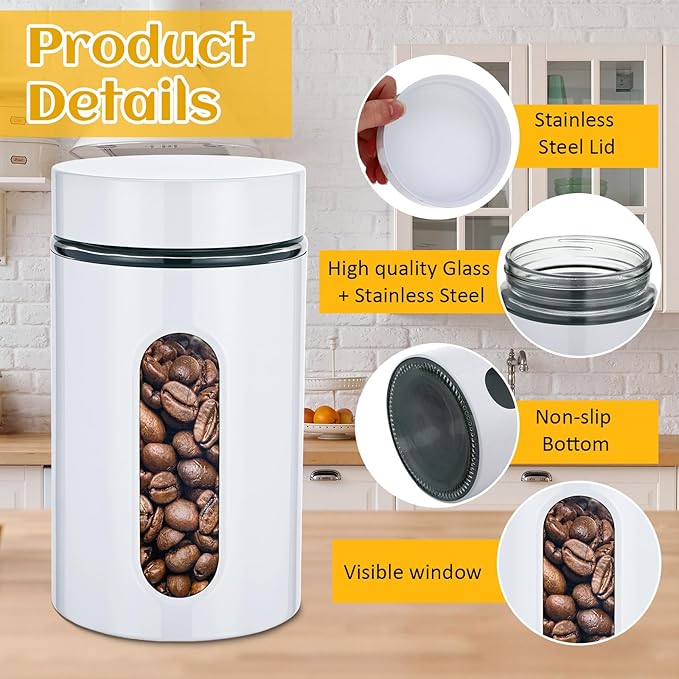 Mimorou 6 Pack Kitchen Canisters Set Airtight Coffee Sugar Tea Storage Jars with Window Glass Stainless Steel Containers with Lids for Flour Cookies Spices Grains Kitchen Decorations(White,32 oz)