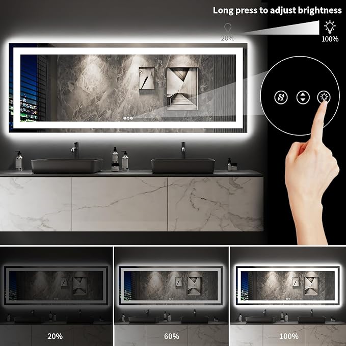 LOAAO 96"X36" LED Bathroom Mirror with Lights, Anti-Fog, Dimmable, Backlit + Front Lit, Lighted Bathroom Vanity Mirror for Wall, Memory Function, Tempered Glass, Shatter-Proof, ETL Listed