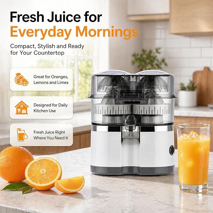 Dual-Head Automatic Citrus Juicer, Electric Citrus Juicer with Power Cord and Cleaning Brush, 1-Button Orange Lemon Lime Squeezer, Detachable Easy Clean Juicers Machine for Kitchen (Black)