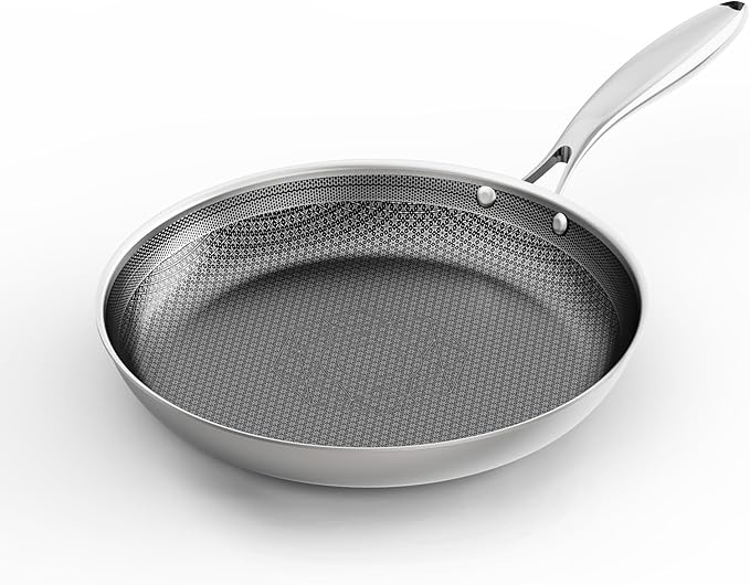 COOKER KING 12-Inch Stainless Steel Pan, Hybrid Nonstick Frying Pan, Skillet, 3-Ply Clad Cookware, Even Heat Distribution, Dishwasher & Oven Safe, with Stay-Cool Handle, Induction Compatible