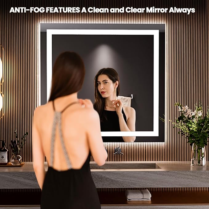 LOAAO 36"x34" LED Bathroom Mirror with Lights, Anti-Fog, Dimmable, Backlit + Front Lit, Lighted Bathroom Vanity Mirror for Wall, Memory Function, Tempered Glass, Safe to Use, ETL Listed