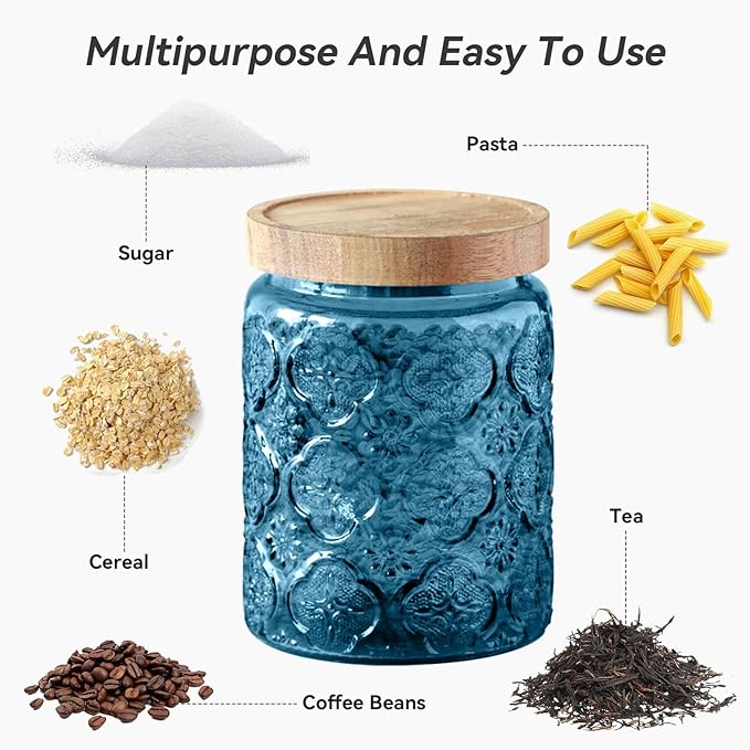 Glass Jar with Lid, Vintage Glass Storage Jars with Airtight Lid Coffee Canister Sugar Container for Kitchen Counter Pantry, Spice, Candy, Coffee Beans, Tea, Cookie (24 FL OZ Blue Sunflower)