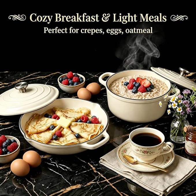 Nonstick Enameled Cast Iron Cookware Set - 8 Piece Pots and Pans with Lid, Frying Pan, Skillet, Dutch Oven Set for All Stovetops, Ideal for Sourdough Bread Baking, Comes with Organizer, Cream White
