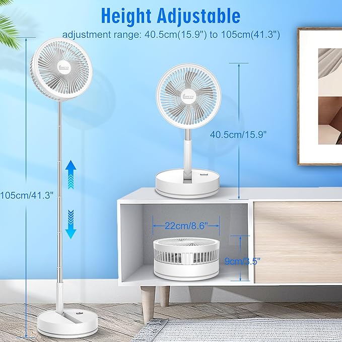 Portable Foldable Rechargeable Oscillating Fan - 8.6" 8000mah Battery Operated USB C Small Fan with Remote Quiet Table Desk Fan Folding Standing Pedestal Fan for Bedroom Rome Office Camping Travel