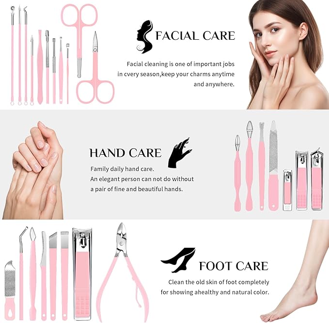 MINKINH 26-Piece Professional Manicure Set，Features Stainless Steel Tools, Carbon Steel Clippers & Travel Case for Women's Home and Travel Grooming，Mother's Day Gifts(Pink)
