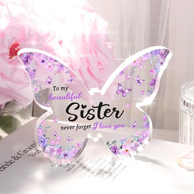 Gifts for Sister, Sister Birthday Gifts, Unique Purple Butterfly Acrylic Plaque Desk Decor, Mothers Day Valentines Christmas Rakhi Gift for Sisters Adult Graduation - 5 x 3.8 x 0.5 inches