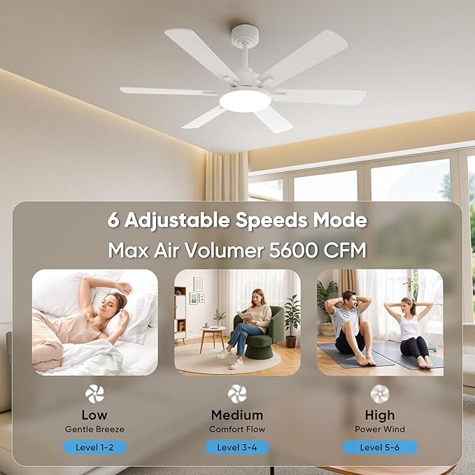 52 Inch Ceiling Fans with Lights, 6 Double Sided Blades, Ultra Quiet Reversible DC Motor, Remote & APP Control, 6 Speeds, 3CCT Dimmable LED with Memory Function, Downrod Mount for Living Room, White