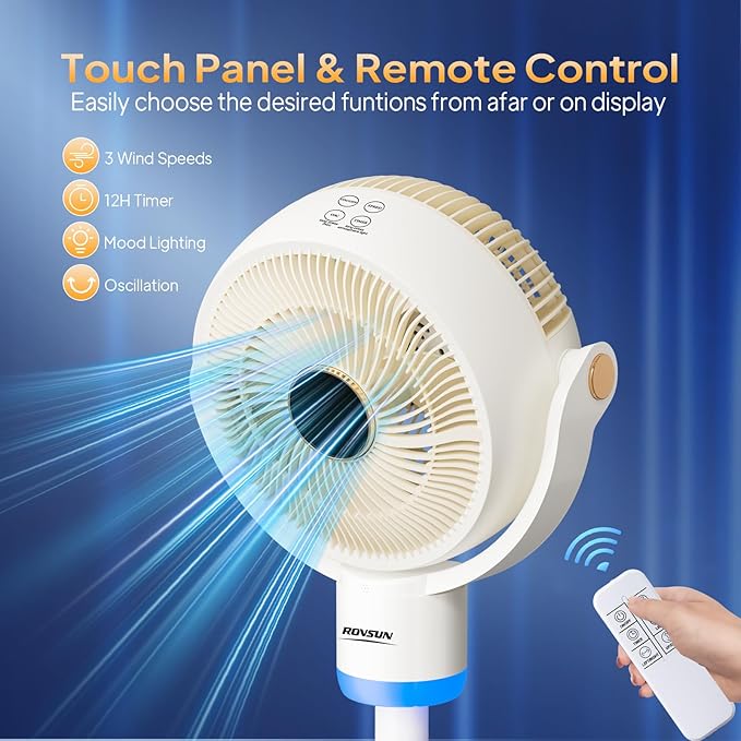 ROVSUN 3-in-1 Standing Fan for Bedroom, 40" Pedestal & Tabletop Fan, 120°+90°Omni-directional Oscillating Fan with Remote, Mood Lighting, 3 Speeds, 12H Timer and Adjustable Height, White 110V 40W
