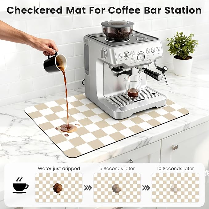 12" x 20" Checkered Dish Drying Mat for Kitchen Counter, Absorbent Coffee Bar Mat for Espresso Machine Coffee Countertops Accessories, Beige