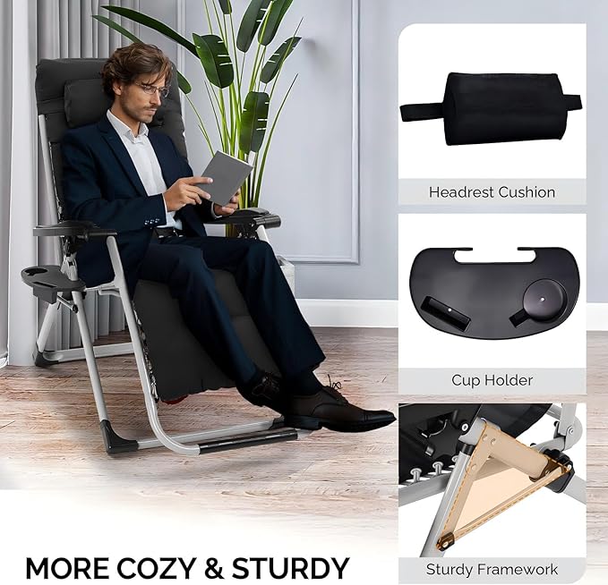 VINGLI Padded Zero Gravity Chair, Lounge Chair with Removable Cushion & Tray， Folding Reclining Patio Chairs， Recliner Chair for Lawn，Indoor Outdoor-Black