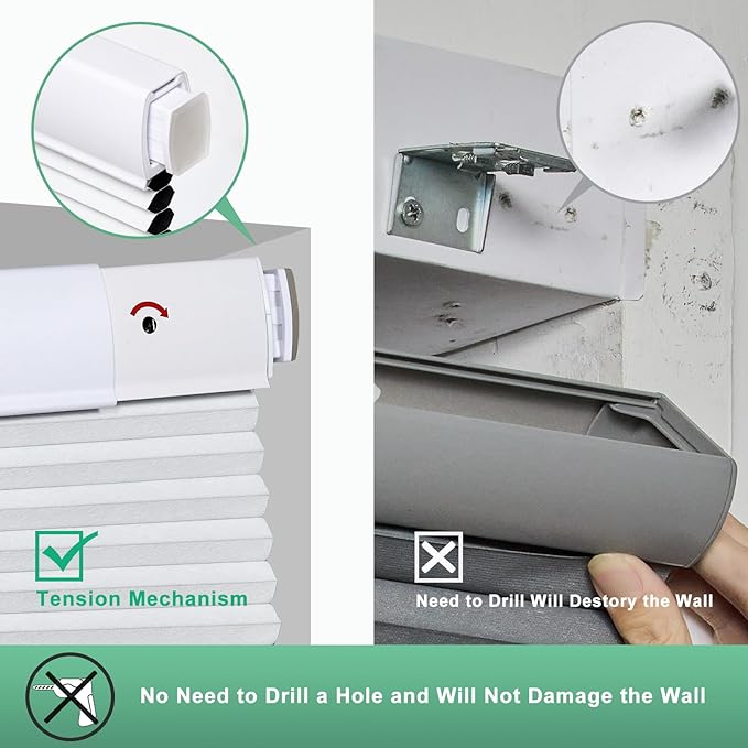 Tonature No Drill Cellular Shades for Indoor Windows, Thermal Insulating & Noise Reducing Honeycomb Blinds, Free Stop Cordless Blackout Shades, White,53" W x 64" H
