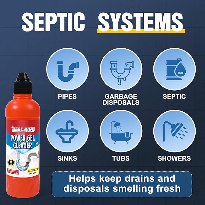 Bell Bird Drain Clog Remover & Pipe Cleaner - Thick Power Gel Dissolves Hair, Grease, and Soap Scum - Septic Safe Odor Eliminator for Kitchen Sinks, Tubs, Showers & Toilets (Pack of 2)