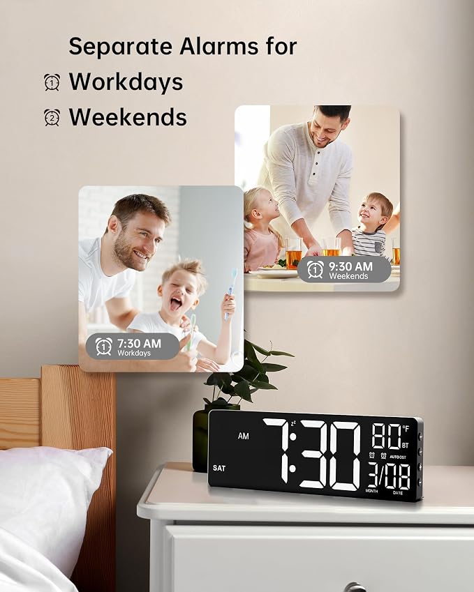 EASYERA 12" Digital Wall Clock for Classroom Livingroom Game Home Decor | LED Display RGB Lights, BIuetooth Sync, Dual Alarms, Auto DST, Countdown, Remote Control, Temperature