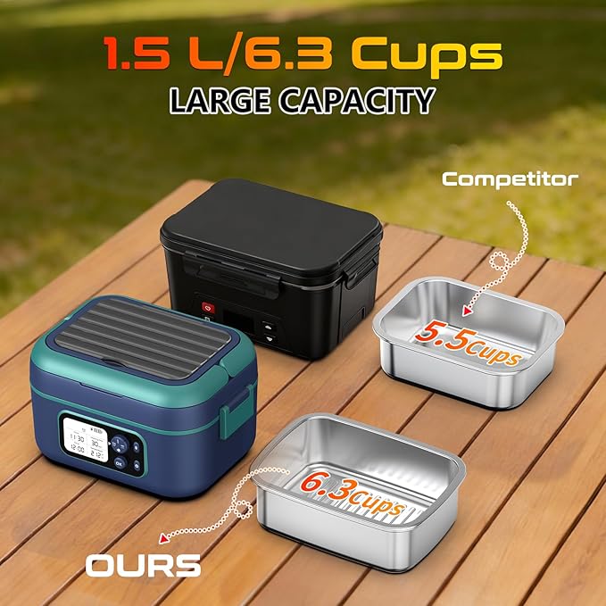 Cordless Electric Heated Lunch Box, XL 6.3Cups Rechargeable Food Warmer Lunch Box with Self Heating, Smart Timer, Adjustable Temperature, Leakproof, BPA Free, Removable Divider Blue