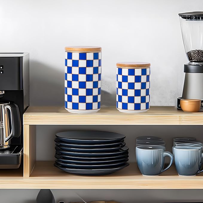 Kitchen Countertop Ceramic Checkered Canisters,Black And White Food Storage Containers With Lid,Airtight Kitchen Canisters for Flour, Sugar, Coffee, Tea, and Dry Goods (Blue, Small)