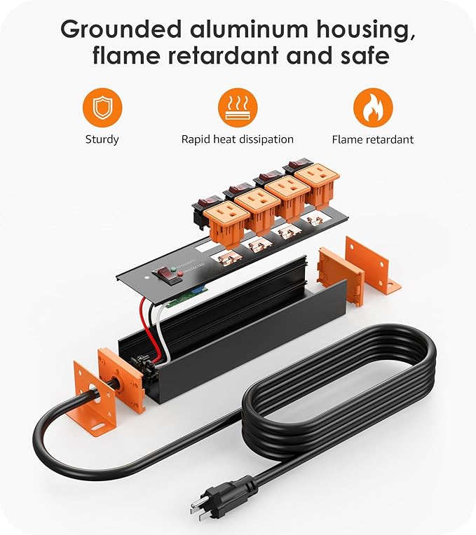 CCCEI Heavy Duty Surge Protector Power Strip 20 Amp Individual Switches. 15FT 12 Gauge Extension Cord with Multiple Outlets. Kitchen, Garage, Shop, Industrial Wall Mount Electric Extender, Orange.