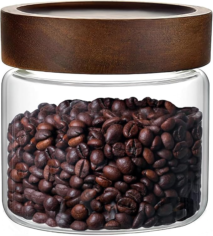 17 Fl oz/500 ml Glass Food Storage Jar, Premium Clear Glass Container Jar with Airtight Screw-on Wooden Lid, Kitchen Canisters for Coffee,Tea,Pasta,Cookies, Nuts,Spice,Candy,Overnight Oatmeal（Small)