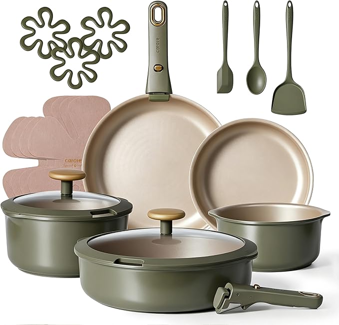 CAROTE 19 Pcs Pots and Pans Set, Nonstick Cookware Sets with Detachable Handle, Titanium Reinforced, Oven Safe, Cookware Non Stick Cooking Set w/Frying Pans & Saucepans Green(PFOS, PFOA Free)