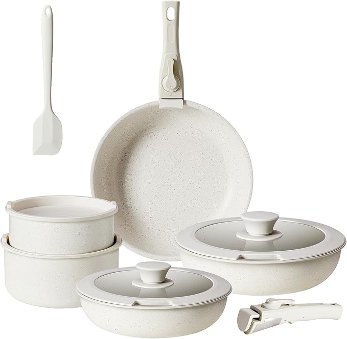 Sweetcrispy 12 pcs Pots and Pans Set, Nonstick Kitchen Induction Cookware Suit with Detachable Handle, Dishwasher Oven Safe, Beige
