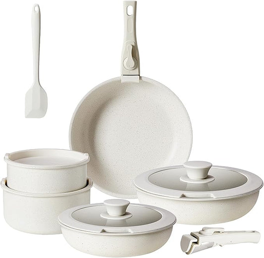 Sweetcrispy 12 pcs Pots and Pans Set, Nonstick Kitchen Induction Cookware Suit with Detachable Handle, Dishwasher Oven Safe, Beige