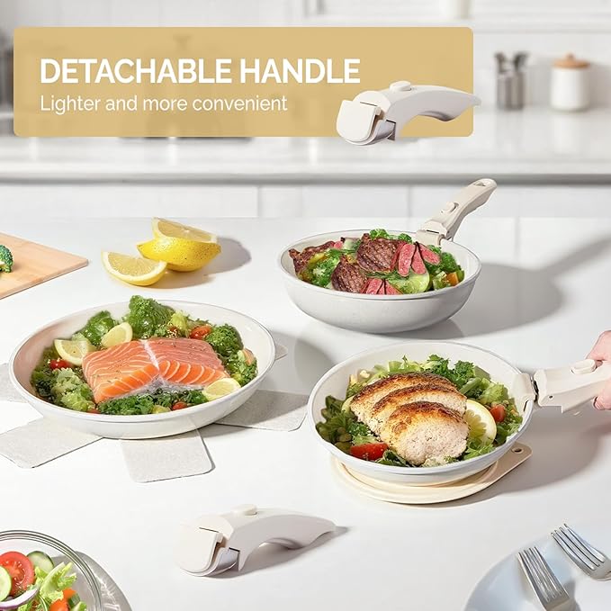 Bonnlo 19 Pcs Nonstick Pots and Pans Set with Lids, Kitchen Cookware Set with Detachable Handle Include Saucepan, Frying and Saute Pan, PFAS PFOA & PFOS Free, RV Induction, Aluminum, Cream White