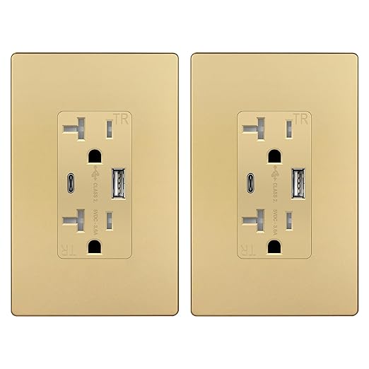 TOPGREENER 2-Port USB Outlet, Type C USB Wall Charger Outlet, 20 Amp TR Receptacle Plug, Charging Power Outlet with USB Ports, Wall Plate Included, UL Listed,TU22036AC-GDWSI-2PCS, Gold, 2Pack