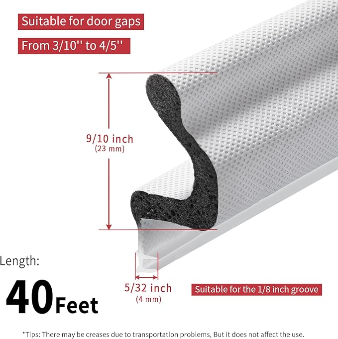 40 Feet Kerf Door Weather Stripping Door Seal, Long Reach V-Shaped Door Seal Strip for Door Frame Door Weatherstripping Insulation Strip Door Soundproofing for Large Gap(White)