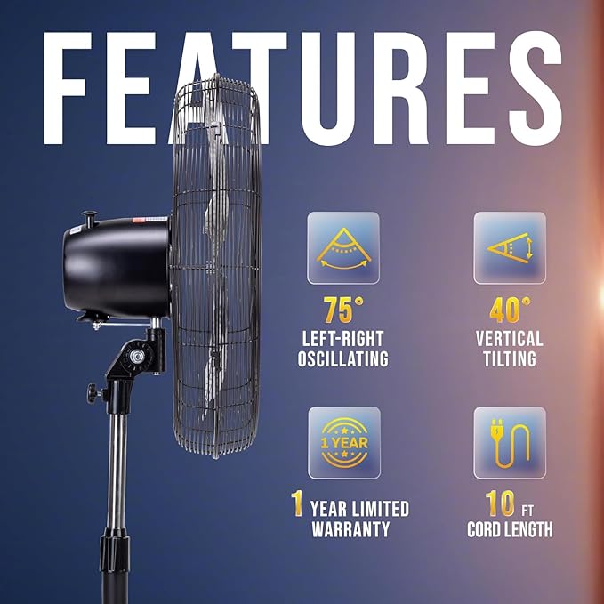 Tornado 20 Inch High Velocity Oscillating Pedestal Fan, 3-Speed, 5000 CFM, Commercial & Industrial, UL Listed, 1/6 HP Motor, 6.6 FT Power Cord