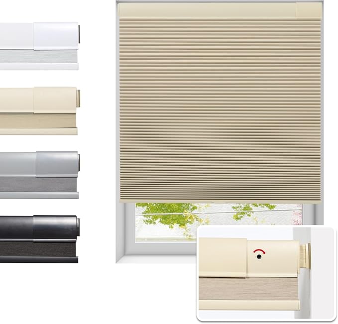 Tonature No Drill Cellular Shades for Indoor Windows, Thermal Insulating & Noise Reducing Honeycomb Blinds, Free Stop Cordless Blackout Shades, Beige,49 1/2" W x 64" H