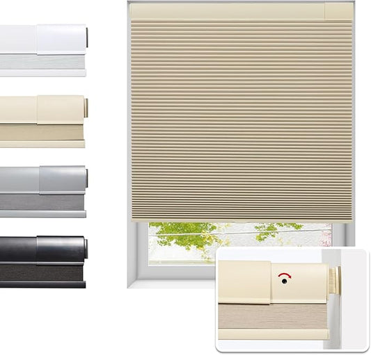 Tonature No Drill Cellular Shades for Indoor Windows, Thermal Insulating & Noise Reducing Honeycomb Blinds, Free Stop Cordless Blackout Shades, Beige,49 1/2" W x 64" H
