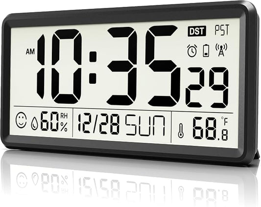 EASYERA 15'' Large Digital Atomic Wall Clock Battery Operated, Self-Setting | Indoor Temperature and Humidity, Large Display, Self-Setting,Auto DST,for Kitchen/Classroom/Living Room(Battery Not Included)