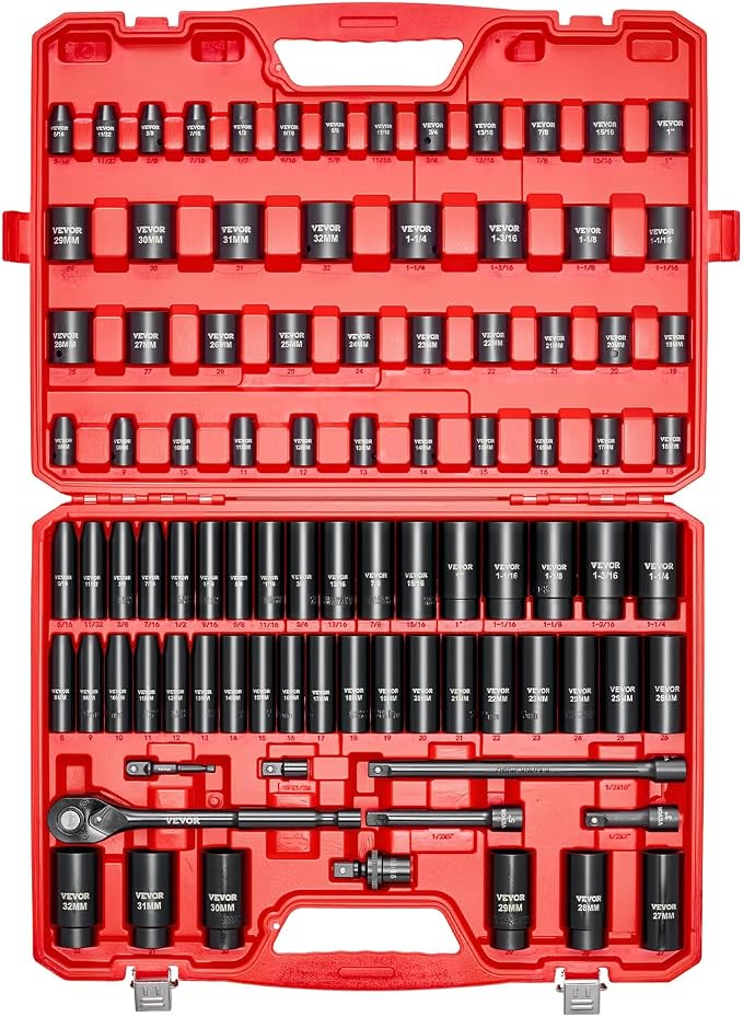 VEVOR 91-Piece 1/2" Drive Impact Socket Set, SAE (5/16" to 1-1/4") & Metric (8 to 32 mm), CR-V, Deep & Shallow, 6 Point, Ratchet Handle, Universal Joint, Adapters, Extension Bars (3, 5, 10 in)