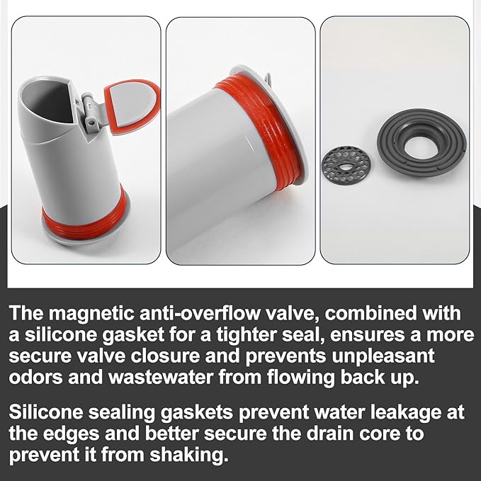 Odor-Proof Shower Drain Plug with Magnetic Backflow Preventer, Hair Catcher, and Variable Diameter Washers, Fits drains, sewers, and Pipes with Inner diameters from 1.5" to 3.9"