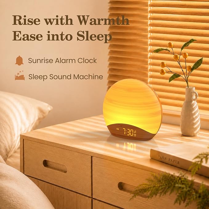 REACHER Natural Wood Grain Sound Machine Sunrise Alarm Clock，26 Nature Inspired Sleeping Sounds, 0-100% Dimmable Clock, Night Light,Brown/Pink/White Noise Sound Machine for Babys, Kids, Adults