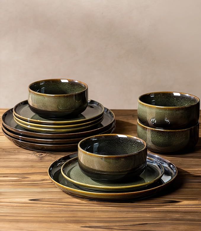 TheTerra Ceramic Dinnerware Sets for 6, 18 Pieces Handmade Reactive Glaze Plates and Bowls Set, Scratch Resistant Dish Set, Oven & Microwave & Dishwasher Safe, Olive Green