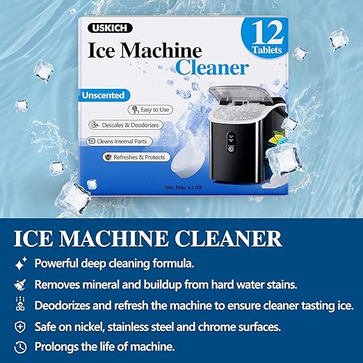 USKICH Ice Machine Cleaner Descaler Tablets-12 Pack Ice Maker Cleaner Compatible with Frigidaire, Opal, GE Profile, Kitchenaid, Nickel Safe Scale Remover for Countertop, Nugget Ice Makers