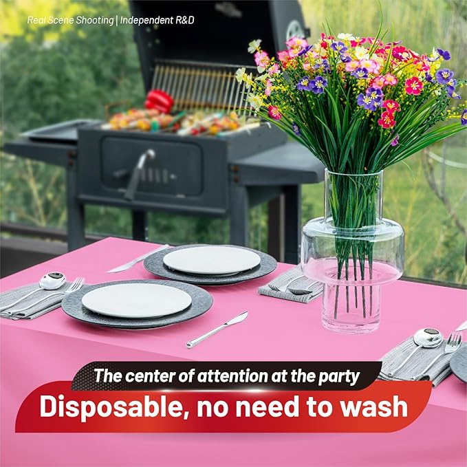 Plastic Table Cloth, 110 Ft X 54 in Plastic Table Cloth Disposable Pink Tablecloth with Any Cut Sliding Cutters Premium PEVA Disposable Tablecloth for Picnics, Parties, Birthdays, Festivals