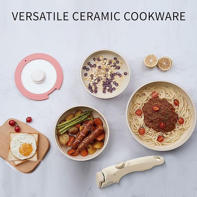 IKTU Ceramic Pots and Pans Set Non Stick Pink, 5Pcs Nonstick Cookware Set with Detachable Handle RV Camping Induction Kitchen Cookware Set Non Stick, PFAS PFOA & PTFE Free