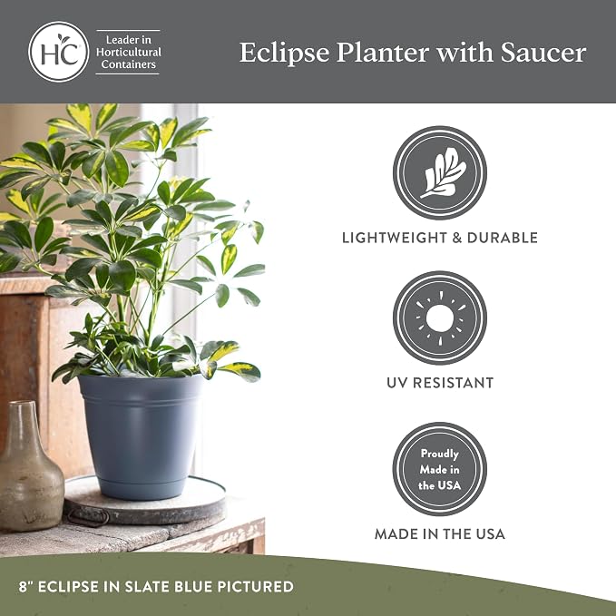 The HC Companies 8 Inch Eclipse Round Planter Pots with Drainage Holes & Attached Saucer, Lightweight UV-Resistant Plastic Indoor & Outdoor Planters, 4-Pack Flower Pots, Garden Home Decor, Slate Blue