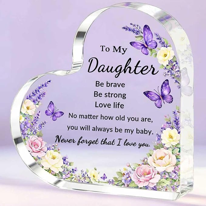 Mothers Day Gifts for Daughter, Gifts for Daughter from Mom Dad- Purple Acrylic Heart Plaque, Inspirational Adult Daughter Gift for Birthday Mother's Day Graduation