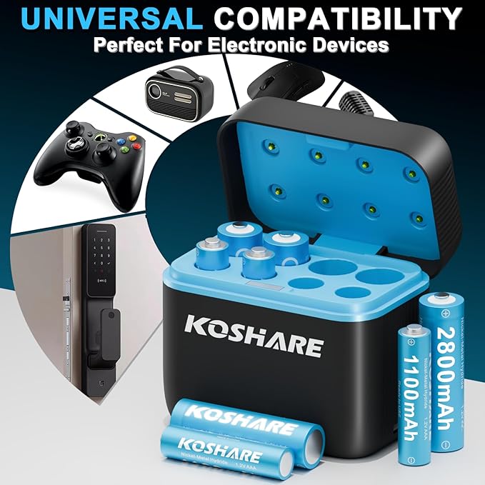 Rechargeable Ni-MH Battery with Charger, 8 Pack 1.2V 2800mAh AA and 1100mAh AAA High Capacity Ni-MH Batteries, Rechargeable up to 800 Times, Pre-Charged (Black+Blue, 4AA4AAA+8Slot Charger)