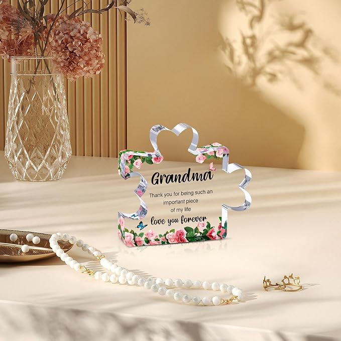 Mothers Day Mom Gifts for Grandma from Granddaughter Grandson - Cute Engraved Acrylic Block Puzzle Piece - Mother's,Christmas,Birthday, Anniversary Home Office Desk Presents Ideas for Women Her