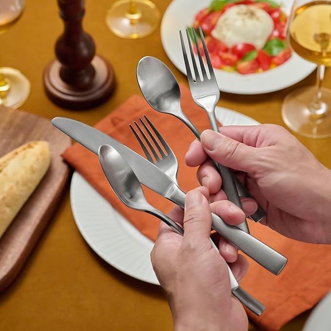 KINGSTONE 60-Piece Silverware Set for 12, Matte Stainless Steel Flatware Set with Forks, Knives, Spoons, Dishwasher Safe, Rust Resistant Cutlery for Home & Wedding