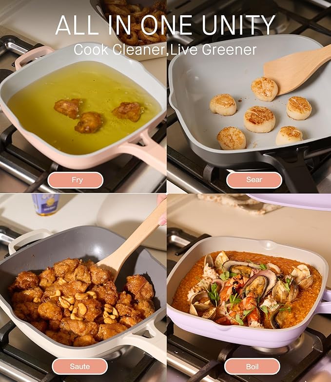 USELUCK 10.5 Inch(3.8QT) Ceramic Pan with Lid,Non Stick Frying Pans Cast Aluminum Deep Sauté Pans,Ti-Ceramic Non Toxic Pix Pan with Wooden Spatula and Scrubber-Midnight Hearth