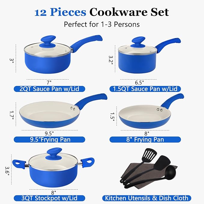 12-Piece Pots and Pans Set Nonstick, Ceramic Cookware Set with Stay-Cool Bakelite Handles, Non-Toxic Induction Cooking Set, Cobalt Blue Kitchen Essentials, PFOA & PTFE Free