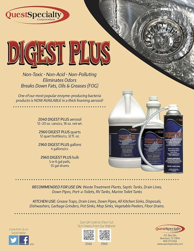 Quest Specialty DIGEST PLUS Foaming Drain Cleaner and Odor Eliminator, 6 count